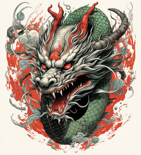 Chinese dragon tattoo drawing in red and black
