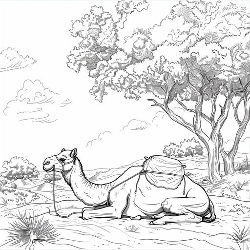 Camel under shady tree with clear sky, coloring book page