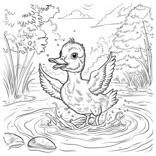 Cheerful duck in a sunny pond. Coloring book page