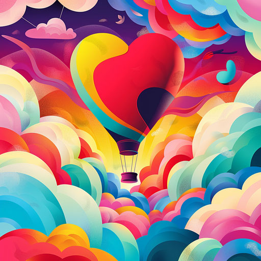 Heart-shaped balloon rising in colorful sky