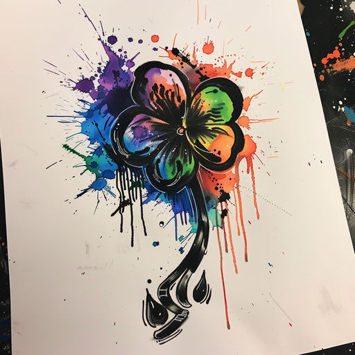 Graffiti art inspired tattoo sketch of a black clover with spray paint drips in electric colors