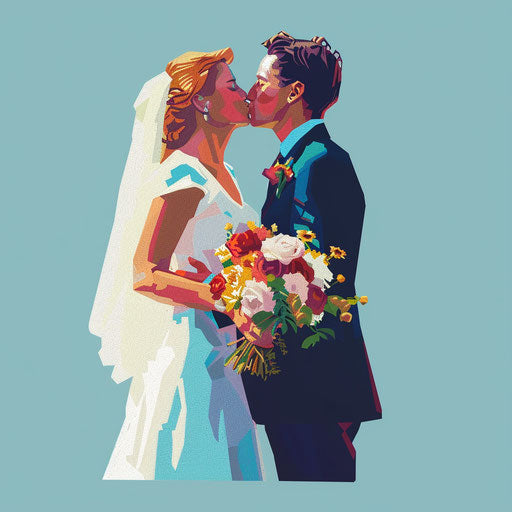 Smiling bride kissing wedding on blue background