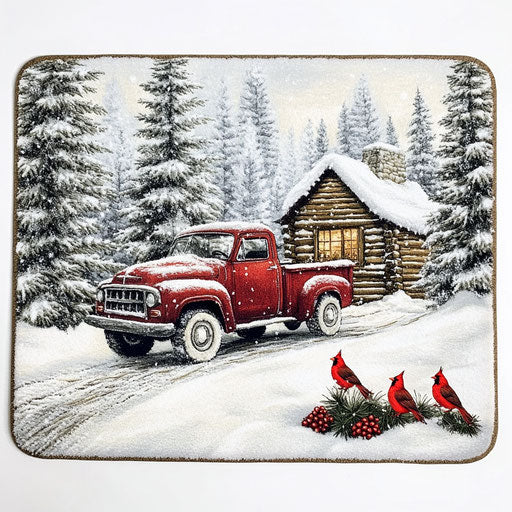 Doormat with red truck in front of snow-covered cabin