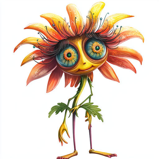 Humorous caricature of a wildflower caricature clipart with human characteristics, exaggerated long eyelashes, thin legs, miniature, vibrant colors, cartoon style, waving, high-resolution, no background, isolated