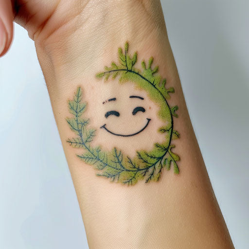 Smiley face tattoo inspired by nature, green themes, white bg