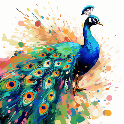 Peacock clipart in the style of Impressionistic Art, on a white background
