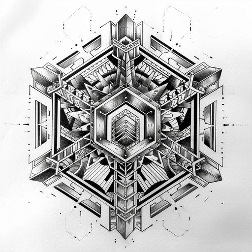 Exotic flat tattoo sketch of a hexagon filled with traditional Aztec patterns