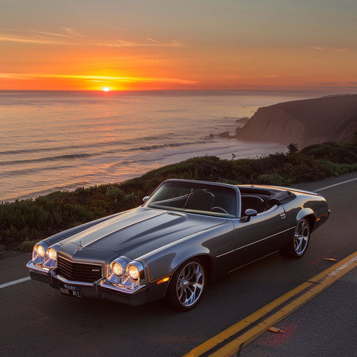 Classic Malibu transformed into a sleek roadster, cruising down Pacific Coast Highway at sunset