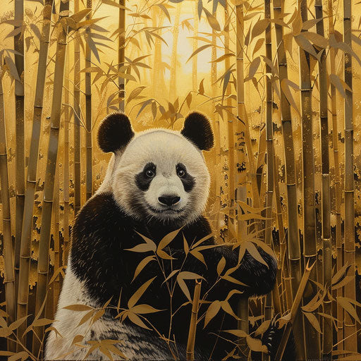 Giant panda in a golden bamboo grove at dusk