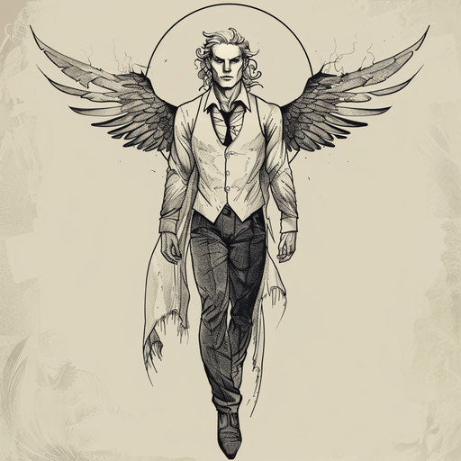 Contemporary flat tattoo sketch of Lucifer in suit