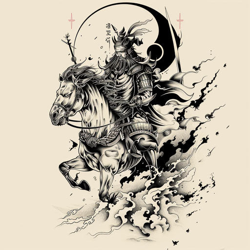 Dynamic flat tattoo sketch for a Sak Yant tattoo showing a warrior riding a horse, in a bold clipart style