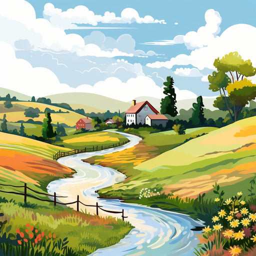Impressionistic country scenery on white background