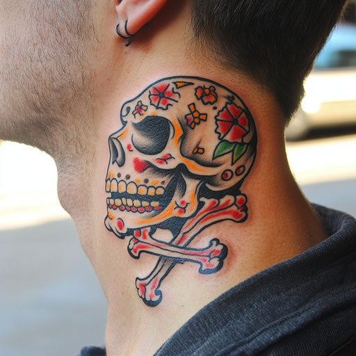 Tiny neck tattoos with Ed Hardy style skull and crossbones