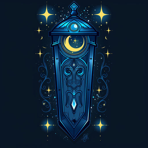 Mystical flat tattoo sketch of a coffin with celestial symbols and midnight blue shades