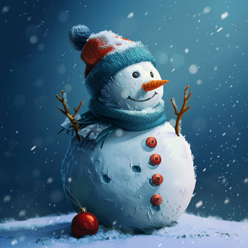Snowman clipart in photo realistic style with a flat blue background, soft focus and light texture