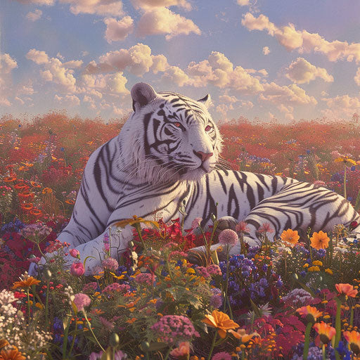 White tiger in field of wildflowers
