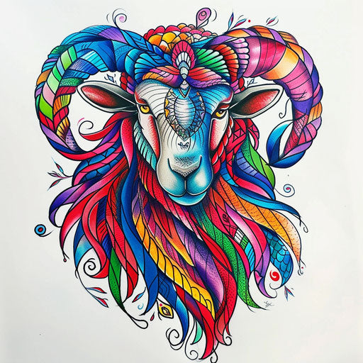 Colorful vibrant flat tattoo sketch of sheep with multicolored wool pattern