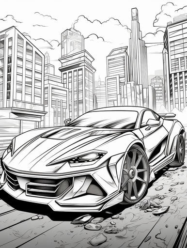 The best car coloring pages, in the style of lightningwave, captivating, unapologetic grit, hurufiyya, dc comics 3:4