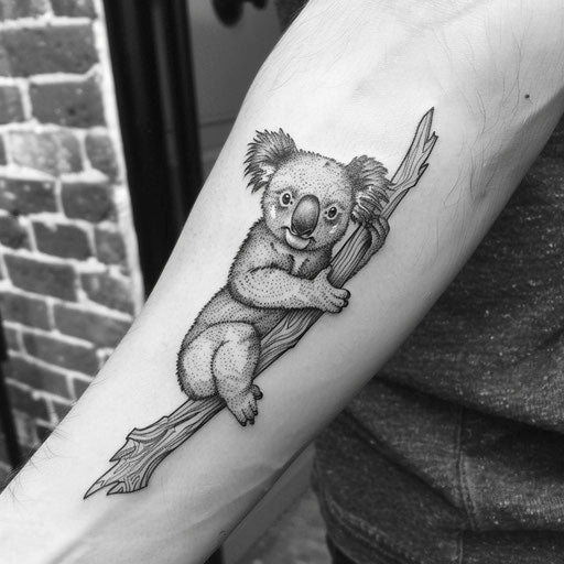 Modern flat tattoo sketch featuring a koala with stark, minimalist lines