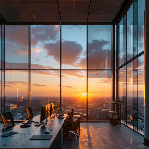 Office in a high-rise with panoramic city views at sunset