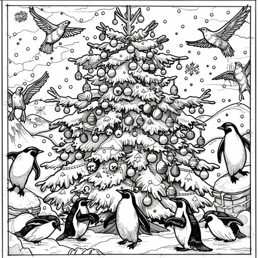 Detailed winter wonderland scene with penguins decorating a Christmas tree. Coloring book page