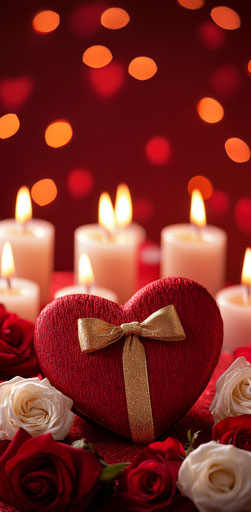 Red heart box, gold ribbon, burning candles, roses on table