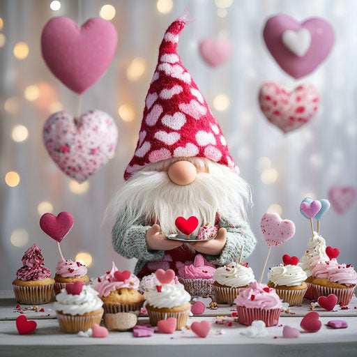 Valentine's Day, a gnome in a red and pink hat with hearts, making cupcakes on a table full of Valentine's Day decorations against a white background