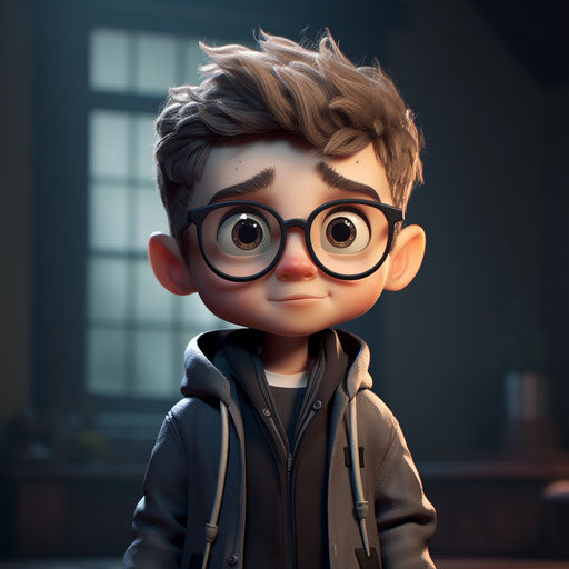 Cartoon boy with little glasses on gray background