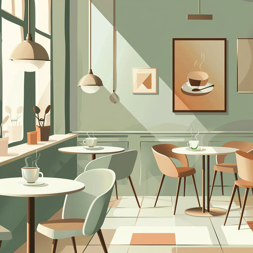 Realistic cafe clipart with flat, muted olive background