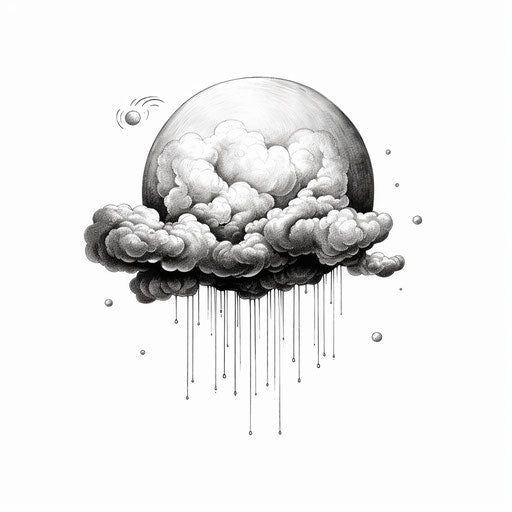 Cloud and moon with clouds, black and white style, tattoo
