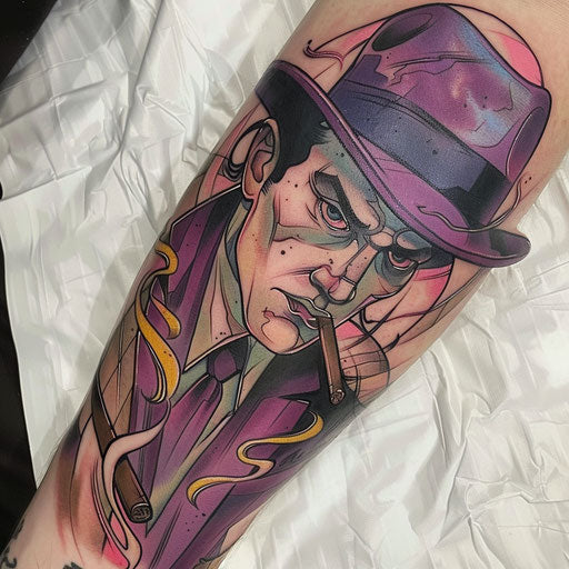 Neo-traditional tattoo of a gangster with a cigar