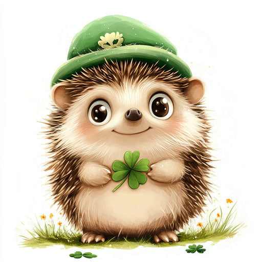 A cute hedgehog in a green hat with a clover