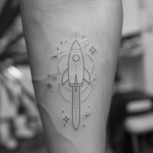 Minimalist tattoo of a rocket in black on light grey