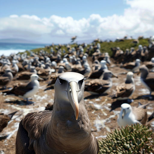 The peaceful coexistence of a black-footed albatross among a colony of seabirds on a remote, undisturbed island.