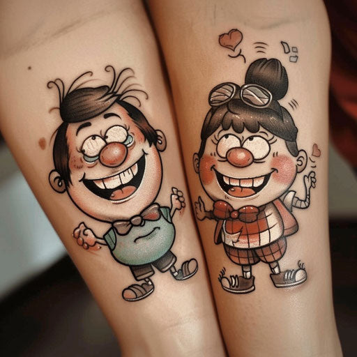 Matching Friend Tattoos in the Style of Steve Sack with Humorous Cartoon Characters