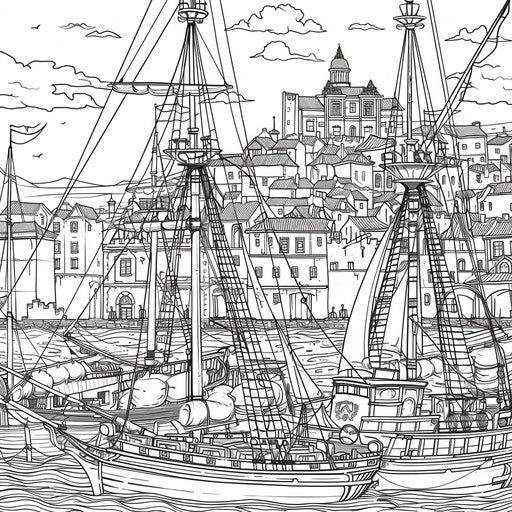 Detailed view of a city harbor with boats and ships docked. Coloring book page
