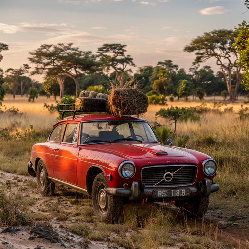Exploring the African savannah in a 1966 Volvo P1800 safari