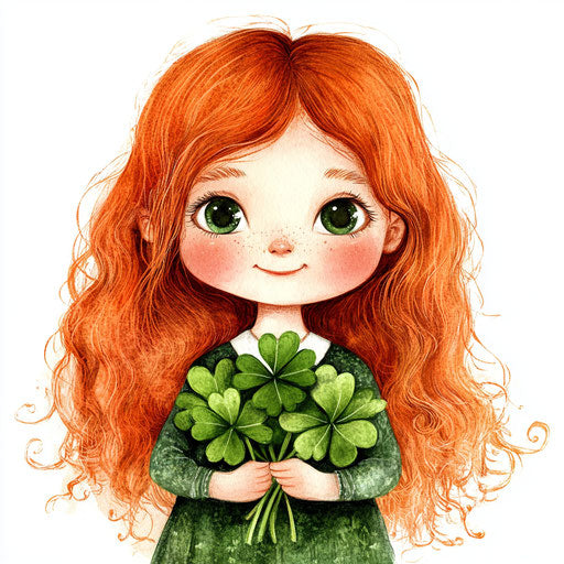 St. Patrick's Day, cute little Irish girl with red hair and green holding shamrocks, clipart, white background