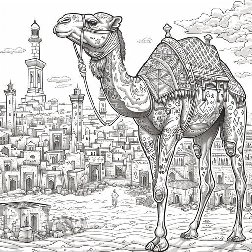 Camel walking in an ancient desert city