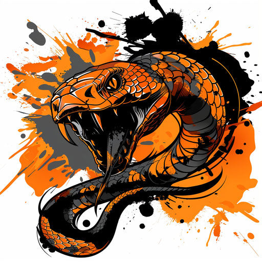 Dynamic flat tattoo sketch of a striking serpent, vivid oranges and blacks, clipart style