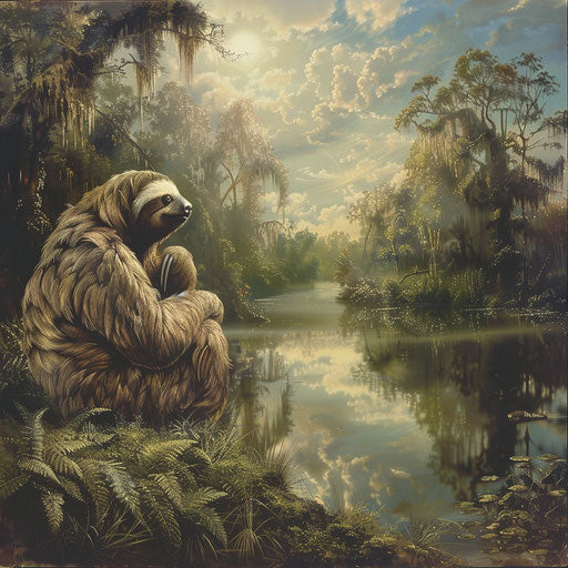 Giant sloth by a peaceful river with reflections in the style of Paul Souders