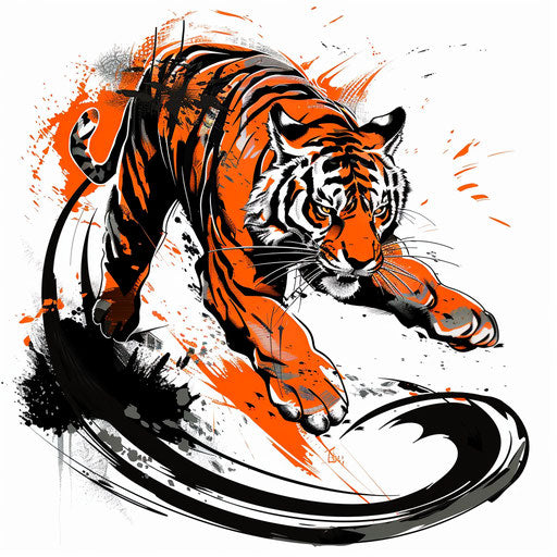 Dynamic clipart style tattoo sketch of a leaping tiger, bold orange and black strokes