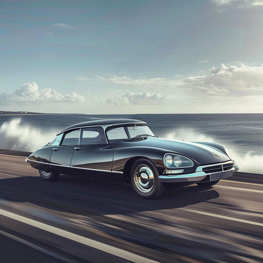 Sporty Citroen DS 20 on coastal road
