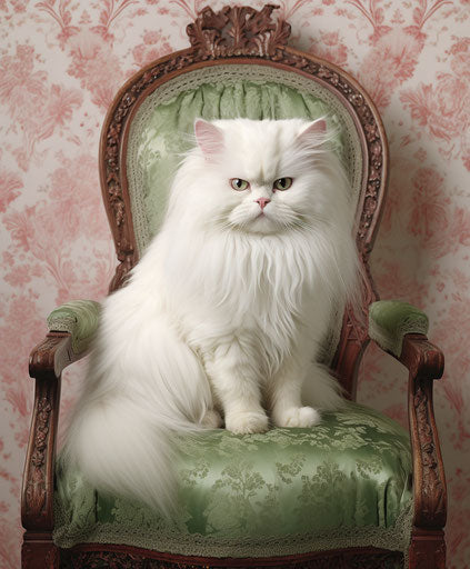 White Persian cat on white wooden chair