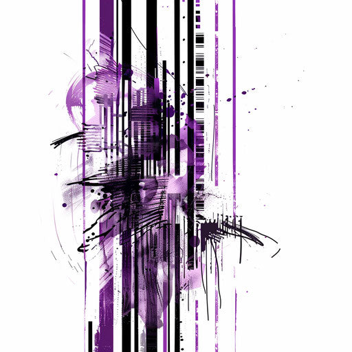 Modern violet barcode tattoo design with digital elements on white background