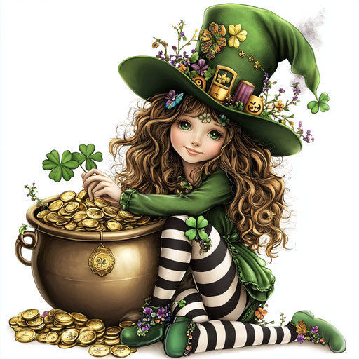 Adorable girl in green with magical hat and shamrocks