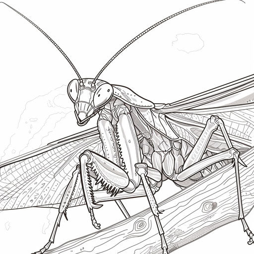 Praying mantis on branch, detailed textures