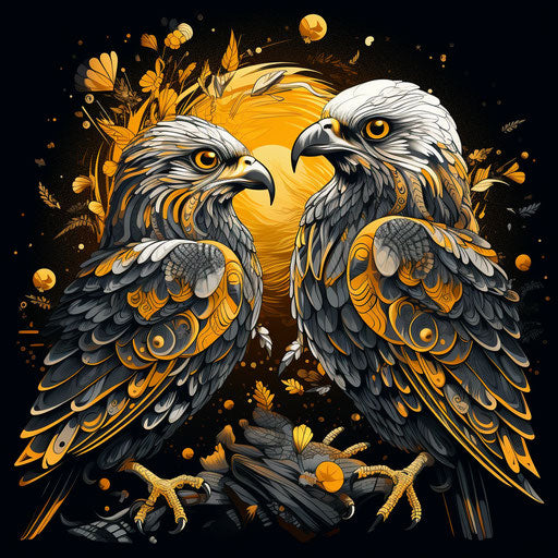 Falcons & falcons falcons & hawks, in the style of folk-inspired illustrations