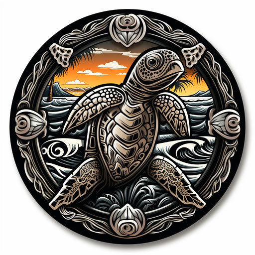 Tattooed turtle in Hawaiian logo, black and white mastery style