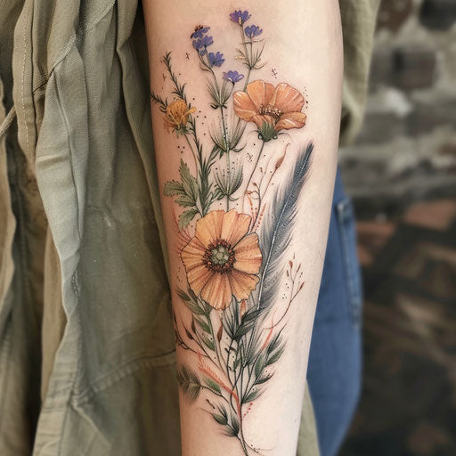 Wildflower tattoo with feathers, earthy colors, bohemian vibe, soft details